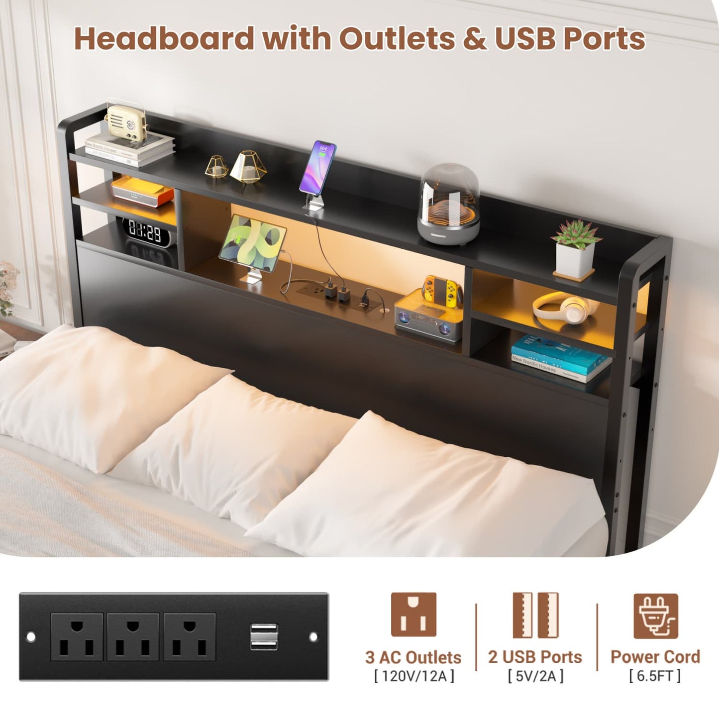 Full Headboard with Storage shelves and Charging Station, Wood Headboard with LED Light