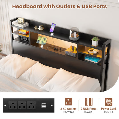 Full Headboard with Storage shelves and Charging Station, Wood Headboard with LED Light