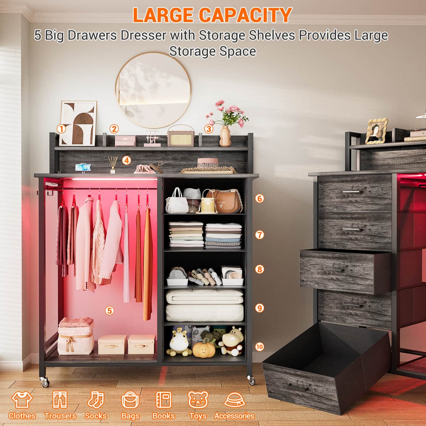 Dresser for Bedroom with Clothes Rack & Shelves, 5 Drawers Dresser with Charging Station