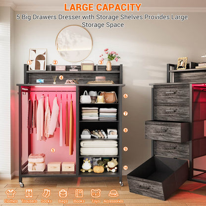 Dresser for Bedroom with Clothes Rack & Shelves, 5 Drawers Dresser with Charging Station