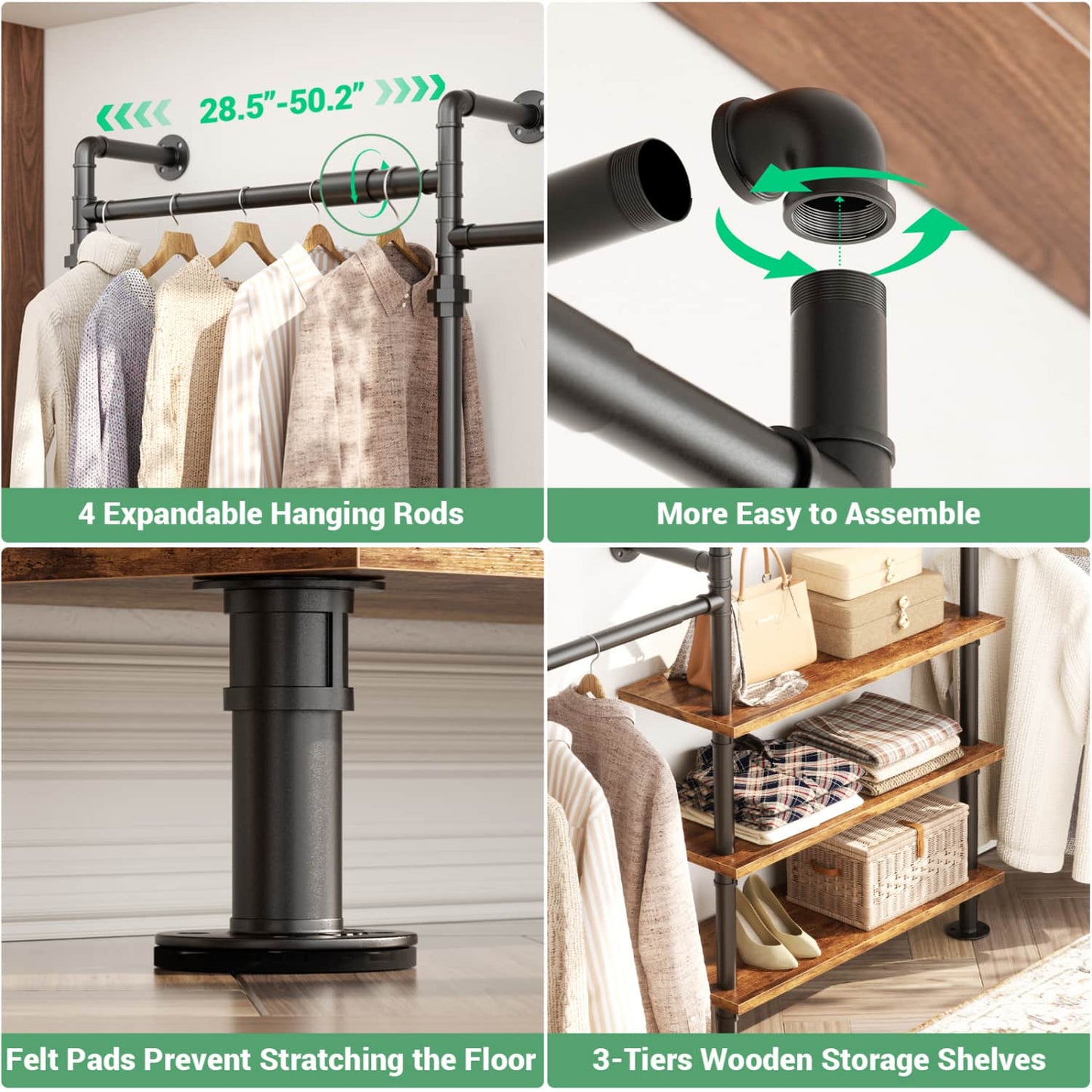84"-128" Metal Pipe Clothing Rack Wall Mounted , Garment Rack