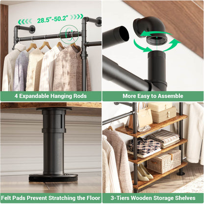 84"-128" Metal Pipe Clothing Rack Wall Mounted , Garment Rack