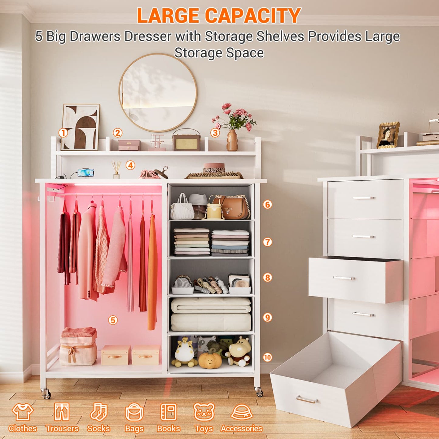 Dresser for Bedroom with Clothes Rack & Shelves, 5 Drawers Dresser with Charging Station
