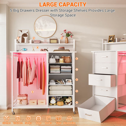 Dresser for Bedroom with Clothes Rack & Shelves, 5 Drawers Dresser with Charging Station