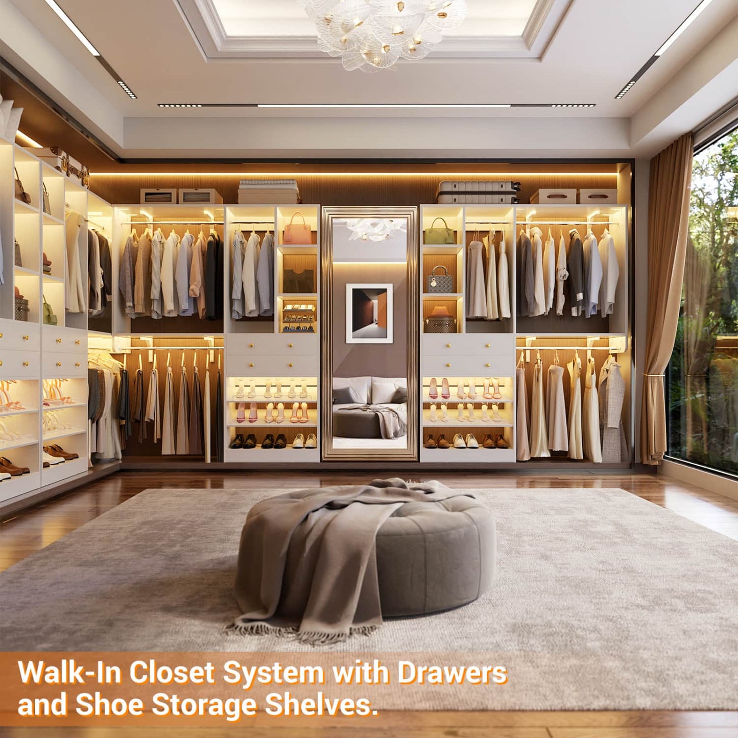 Closet System with Wooden Drawers and Two Hanging Rods