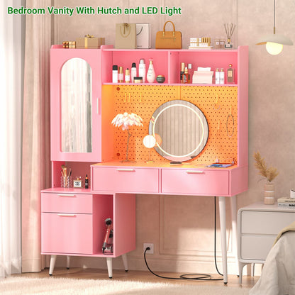 Makeup Vanity with Hutch, LED Lighted Mirror & Charging Station