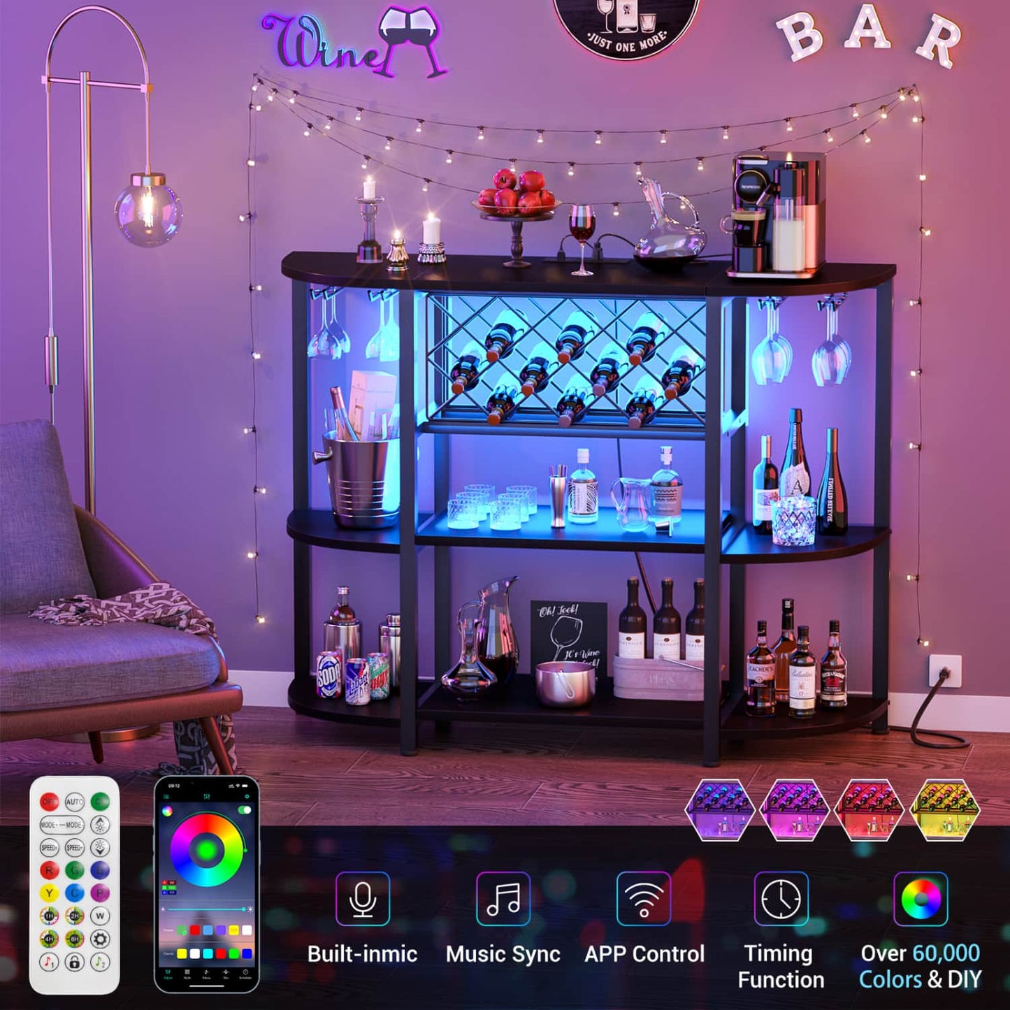 47.24" Storage Wine Cabinet with Lights and Outlets