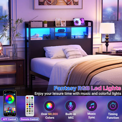 Twin Storage Headboard with Led Lights & Charging Station