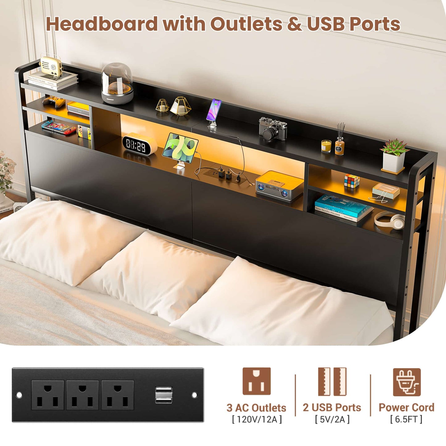 King Headboard with Storage shelves and Charging Station, Wood Headboard with LED Light