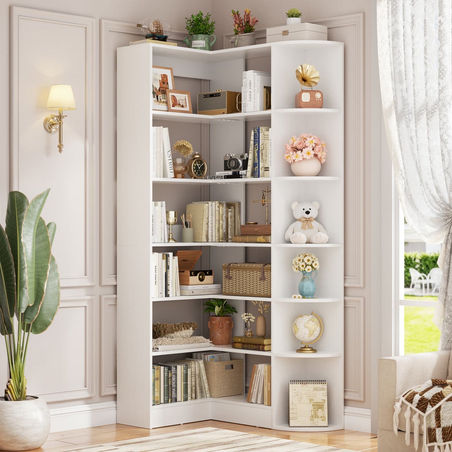 71" Tall 6-Tiers Corner Bookshelf with Open Storage, Wooden Display Shelves for Bedroom