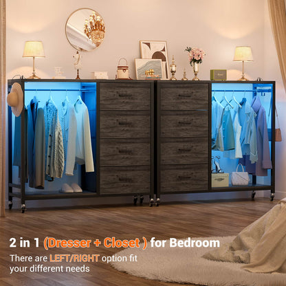 Dressers with Clothes Rack, Charging Station and Led Light, 4 Drawers Dresser for Bedroom
