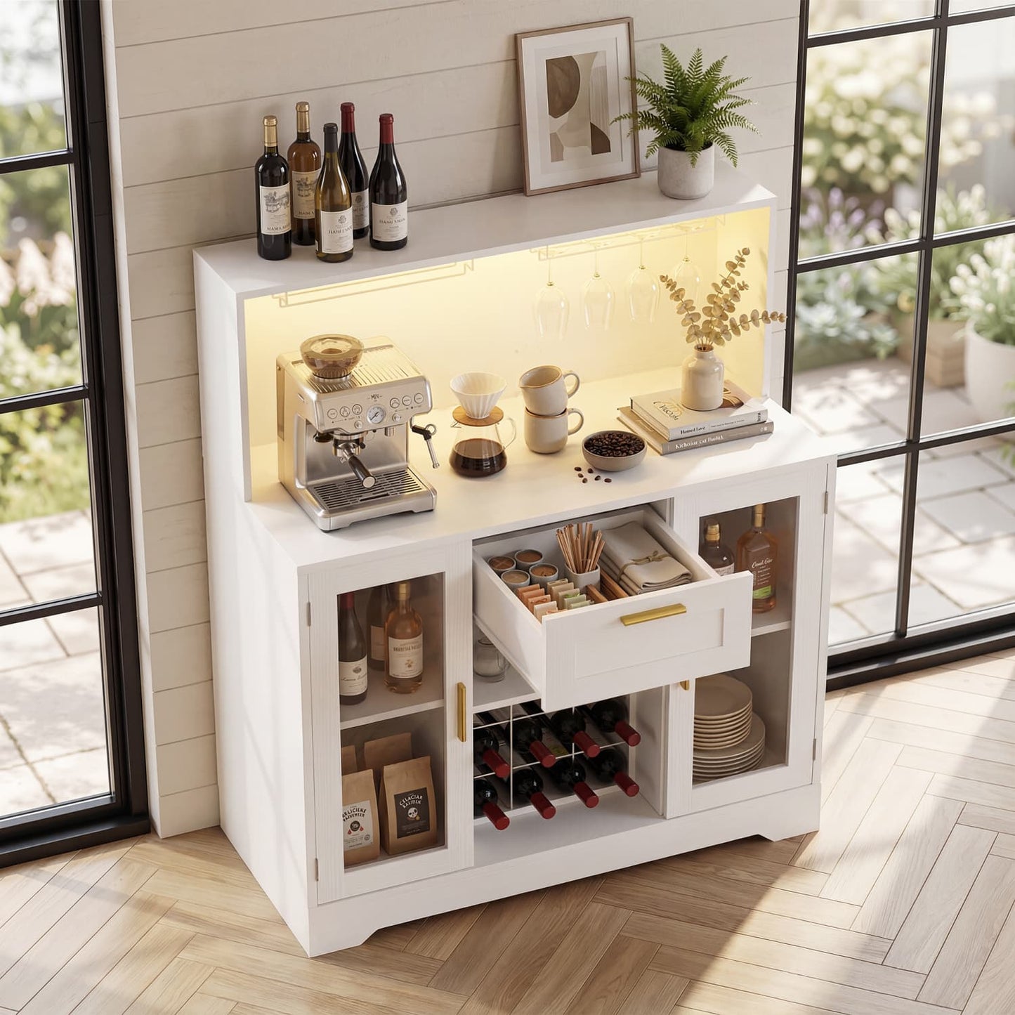 Kitchen Wine Bar Cabinet with Wine Rack and Door, Coffee Bar Buffet Table with Storage Drawer