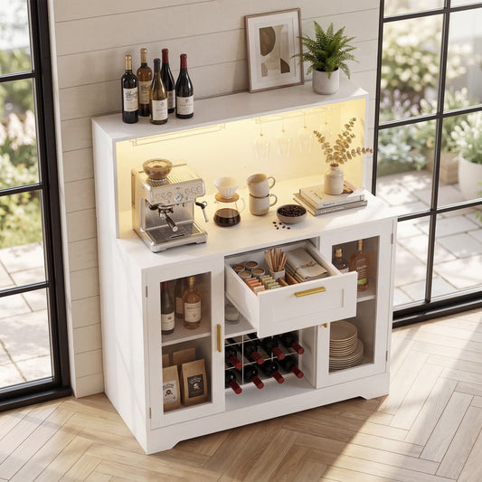 Kitchen Wine Bar Cabinet with Wine Rack and Door, Coffee Bar Buffet Table with Storage Drawer