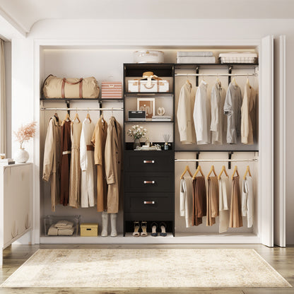 Closet Organizer System with Hanging Rods and Shelves, Wardrobe System with Drawers