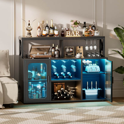 Wine Bar Cabinet with Glass Holders and and Doors, Buffet Wine cabinet with Power Outlet