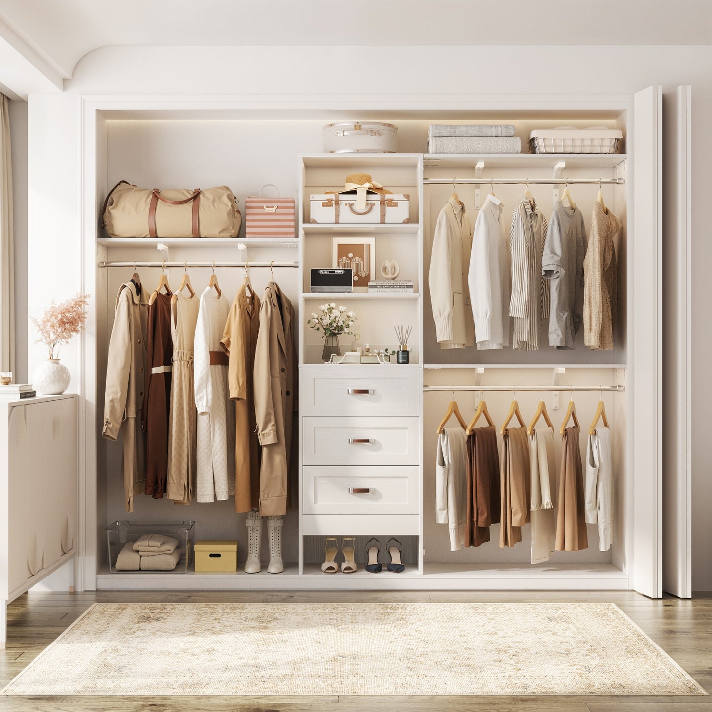 Closet Organizer System with Hanging Rods and Shelves, Wardrobe System with Drawers