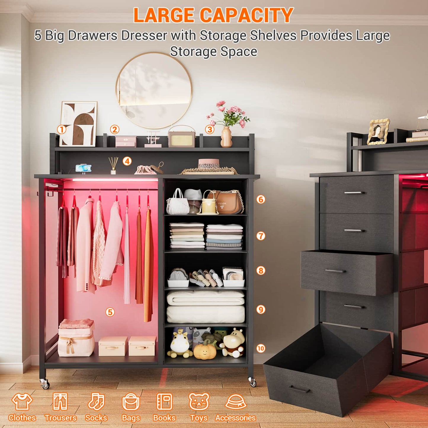 Dresser for Bedroom with Clothes Rack & Shelves, 5 Drawers Dresser with Charging Station