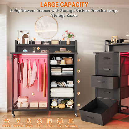 Dresser for Bedroom with Clothes Rack & Shelves, 5 Drawers Dresser with Charging Station
