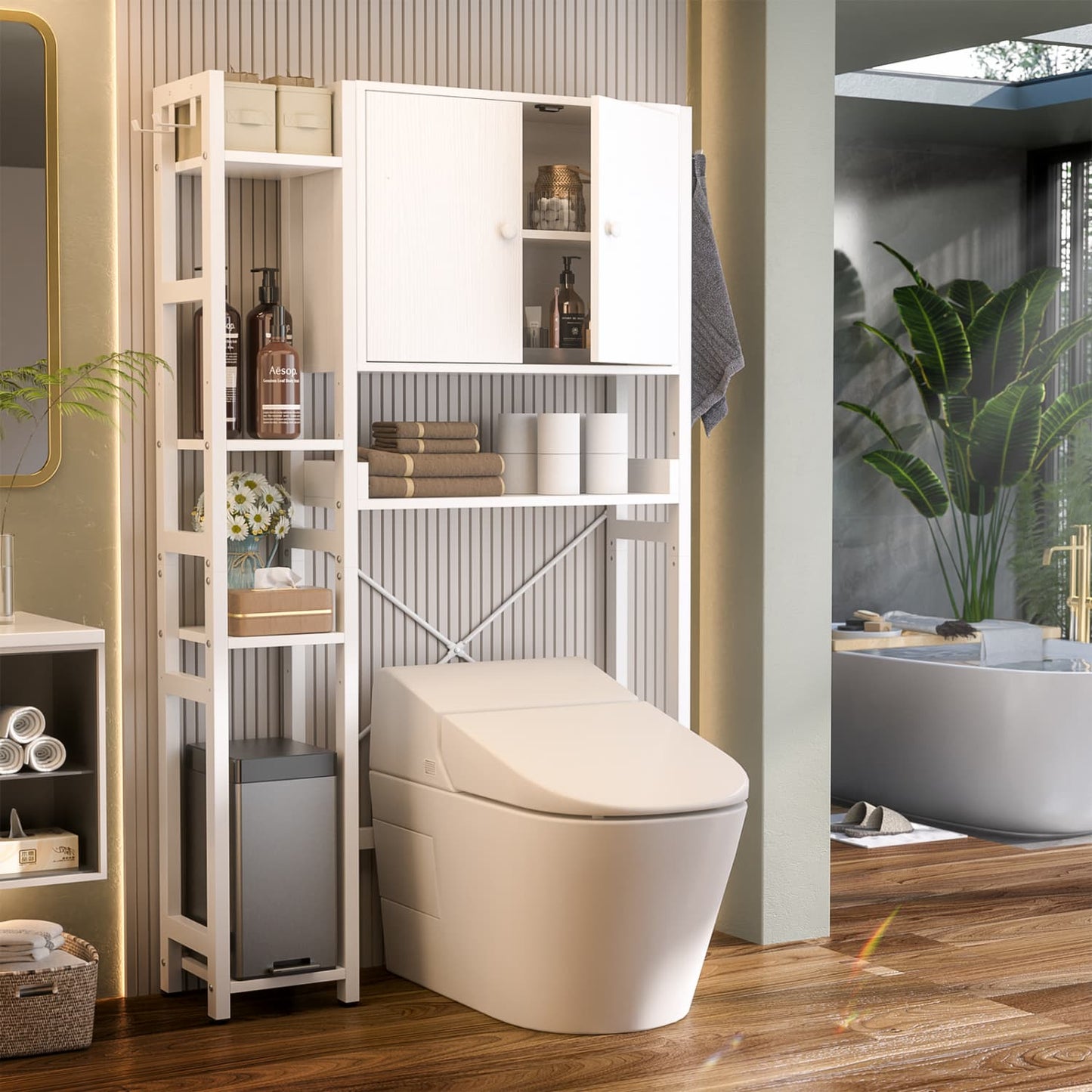 7-Tier Bathroom Organizer with Adjustable Shelf, Over The Toilet Storage Rack with 4 Hooks and Drawers