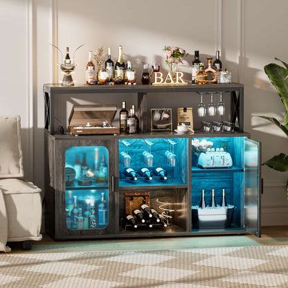 Wine Bar Cabinet with Glass Holders and and Doors, Buffet Wine cabinet with Power Outlet