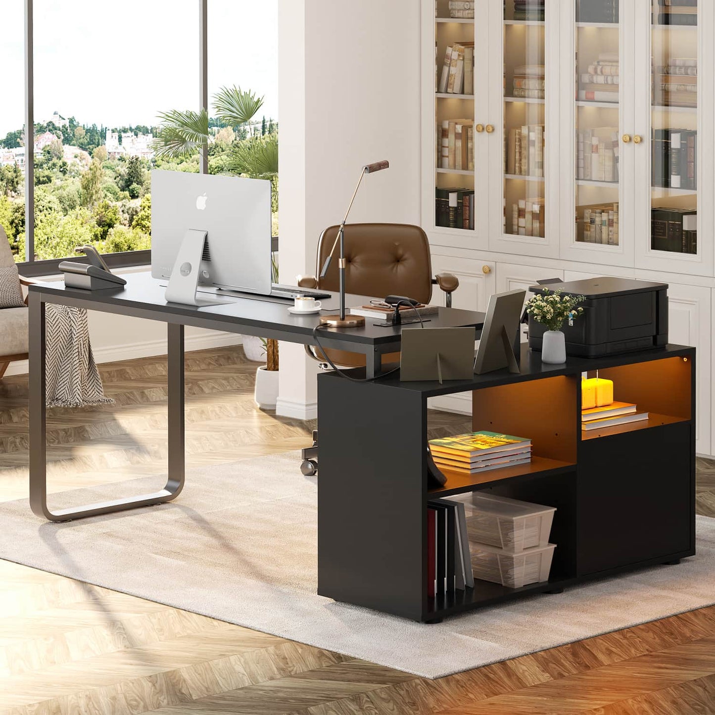 62" L Shaped Computer Desk with File Drawer, LED Lights