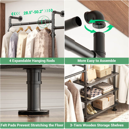 84"-128" Metal Pipe Clothing Rack Wall Mounted , Garment Rack