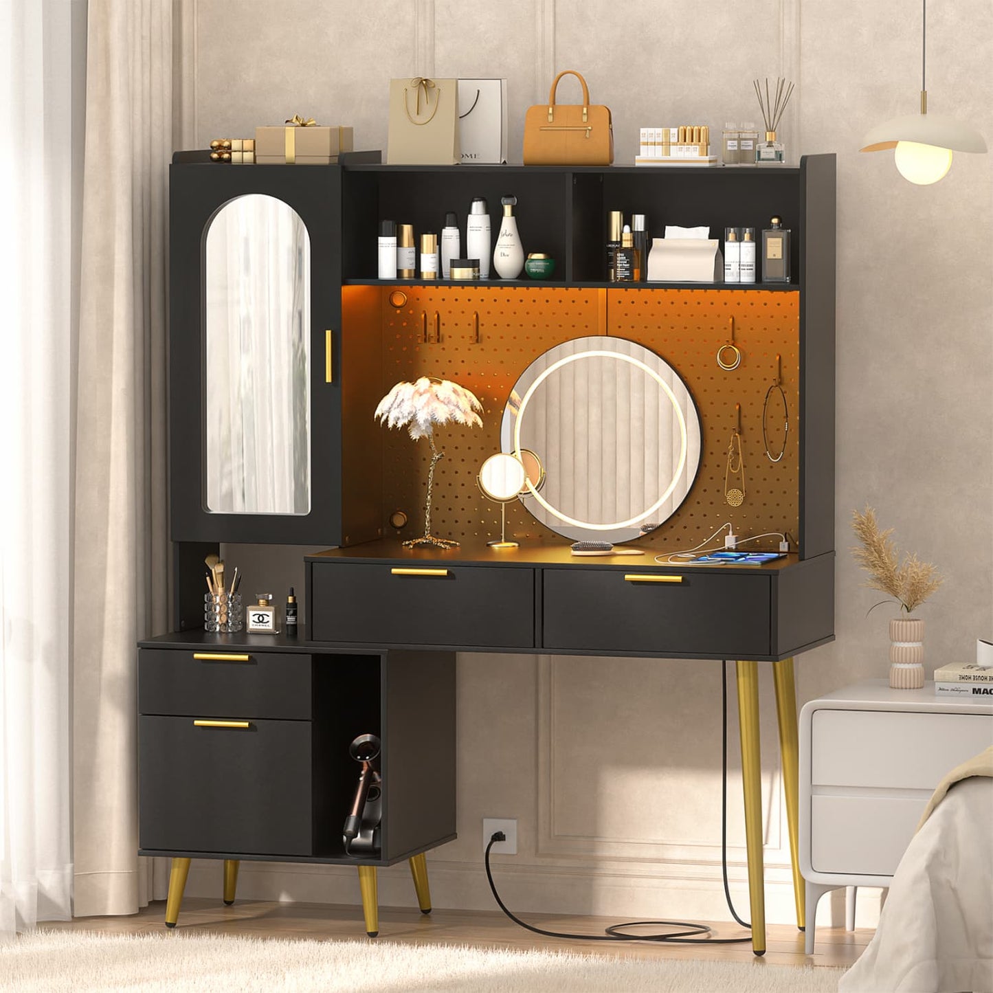 Makeup Vanity with Hutch, LED Lighted Mirror & Charging Station