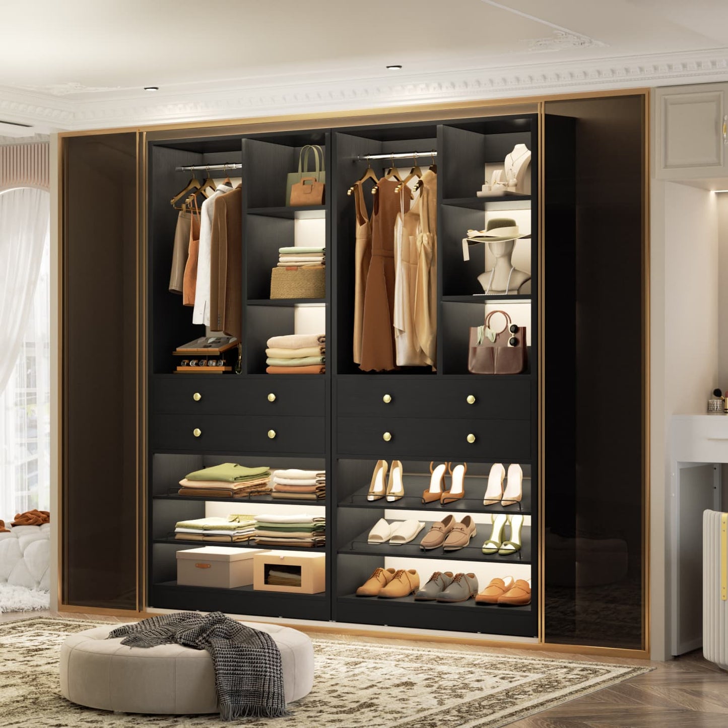 Closet Storage System with Adjustable Shoes Shelves, Closet Organizer with Drawer