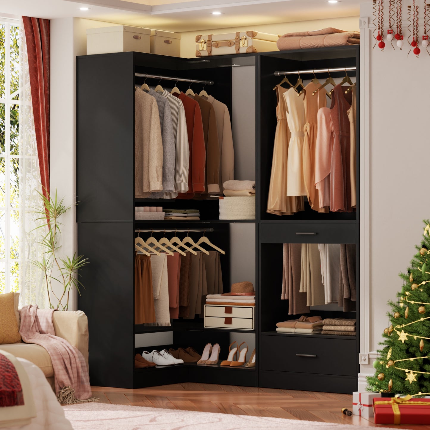Freestanding Corner Closet System with 2 Hanging Rods and Shoes Shelf