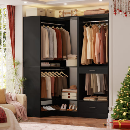 Freestanding Corner Closet System with 2 Hanging Rods and Shoes Shelf