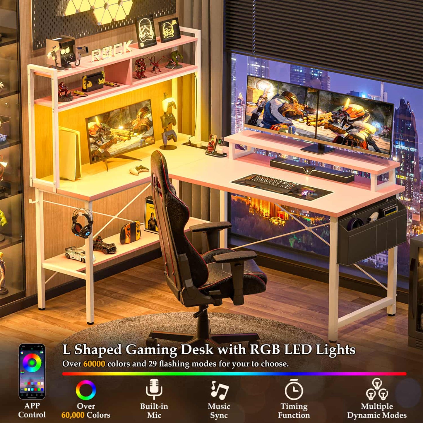 L-Shaped Computer Desk with Monitor and Hutch, Gaming Desk with Charging Station