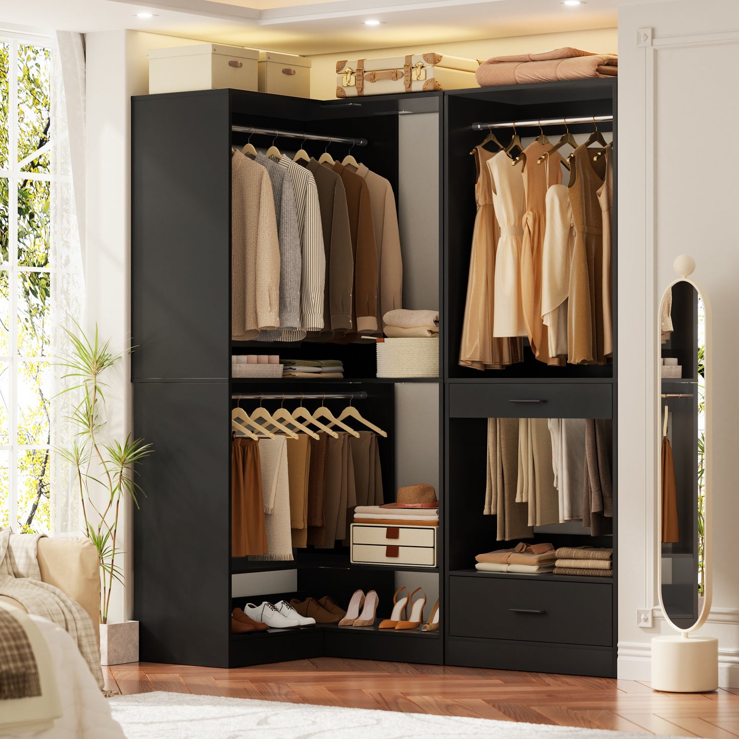 Freestanding Corner Closet System with 2 Hanging Rods and Shoes Shelf