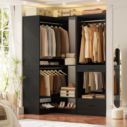 Freestanding Corner Closet System with 2 Hanging Rods and Shoes Shelf