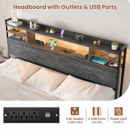 King Headboard with Storage shelves and Charging Station, Wood Headboard with LED Light