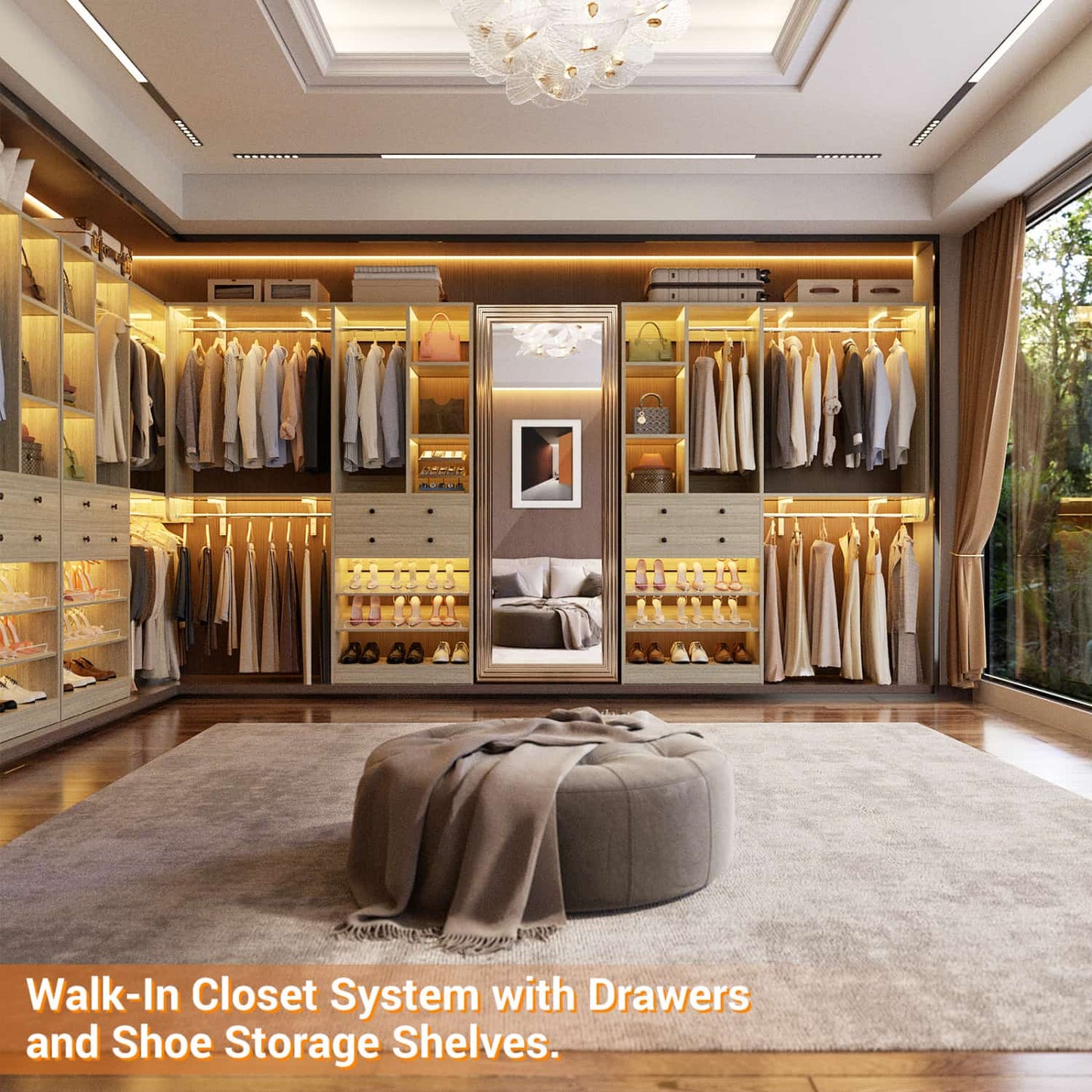Closet System with Wooden Drawers and Two Hanging Rods