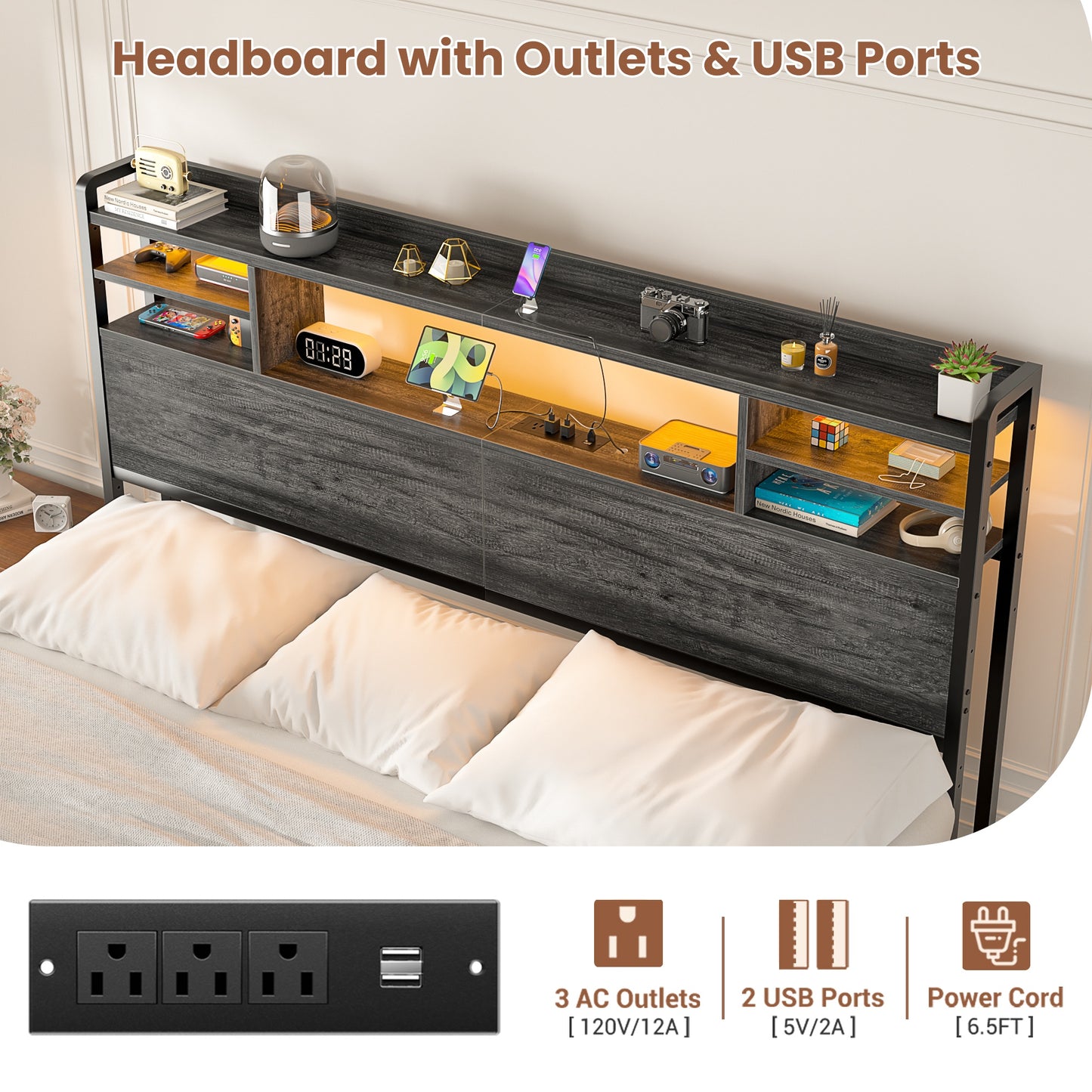 Queen Headboard with Storage shelves and Charging Station, Wood Headboard with LED Light