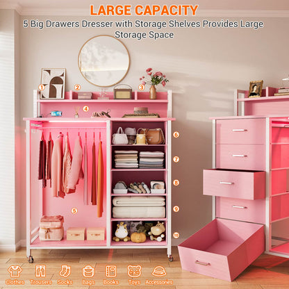 Dresser for Bedroom with Clothes Rack & Shelves, 5 Drawers Dresser with Charging Station