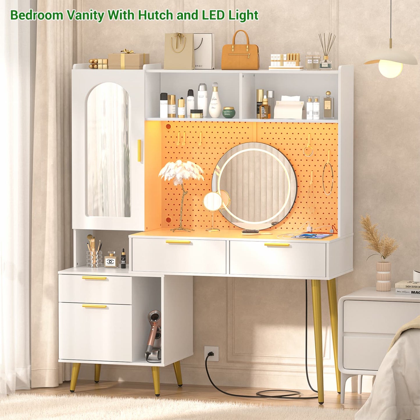 Makeup Vanity with Hutch, LED Lighted Mirror & Charging Station