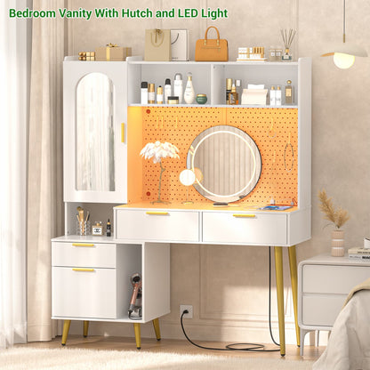 Makeup Vanity with Hutch, LED Lighted Mirror & Charging Station