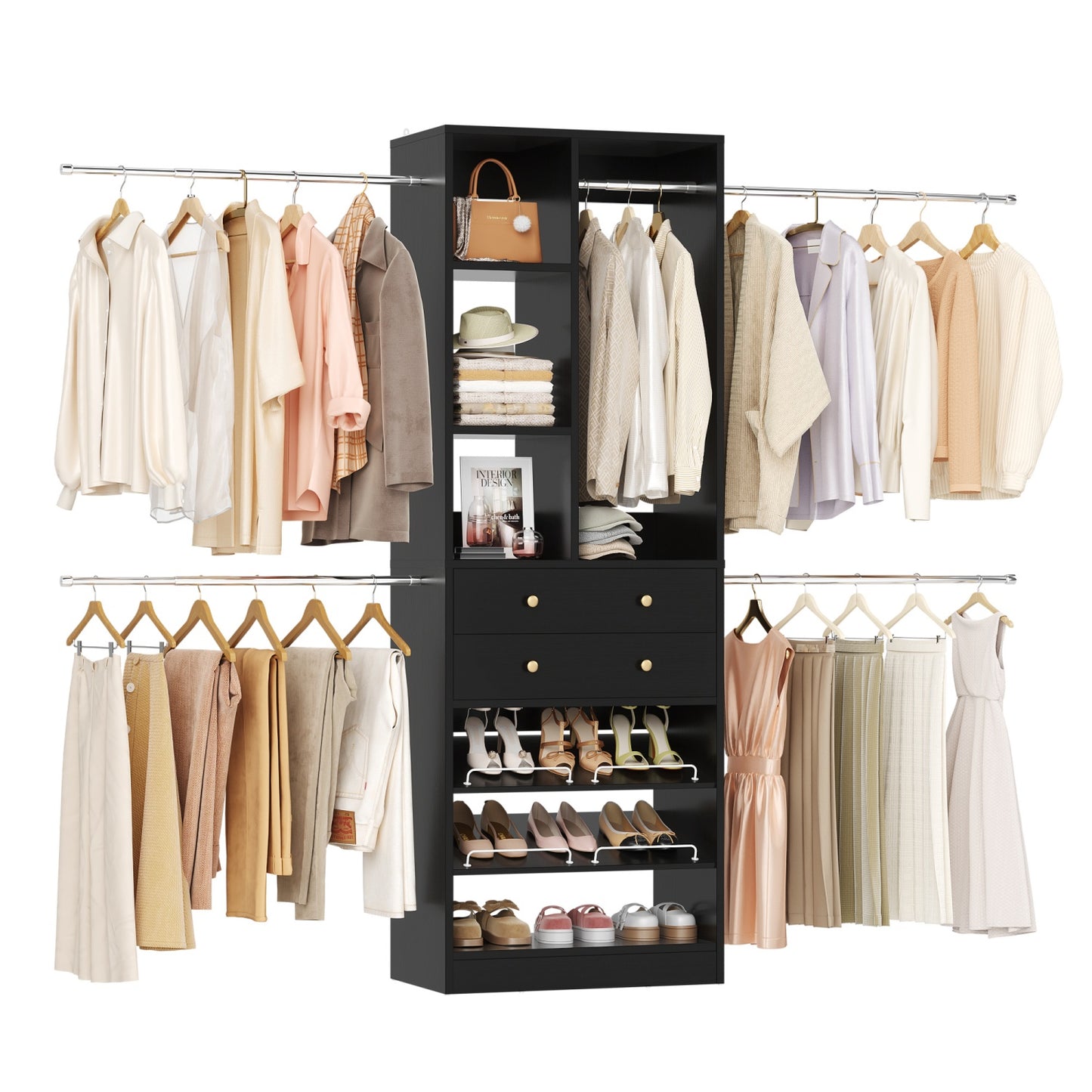 Wooden Closet System with Shoes Shelf and Drawer, Closet Organizer Storage with Drawer