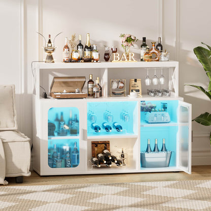 Wine Bar Cabinet with Glass Holders and and Doors, Buffet Wine cabinet with Power Outlet