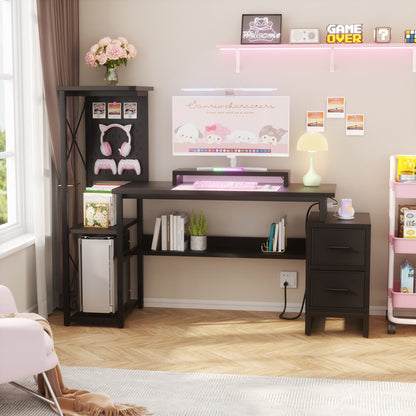 Computer Desk with Power Outlets and Fabric Drawers