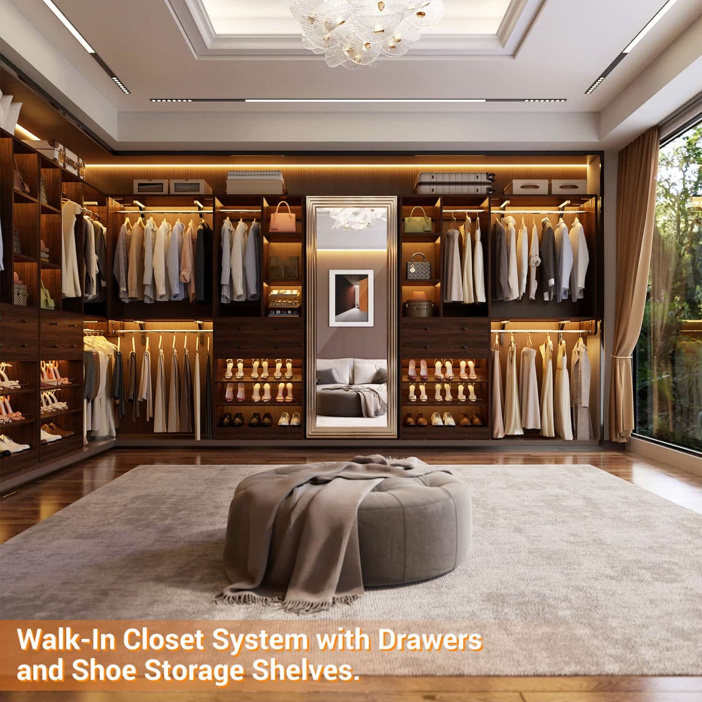 Closet System with Wooden Drawers and Two Hanging Rods