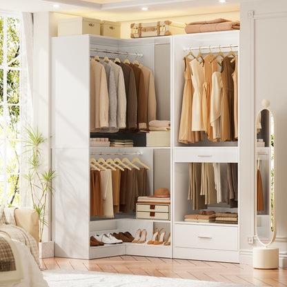 Freestanding Corner Closet System with 2 Hanging Rods and Shoes Shelf