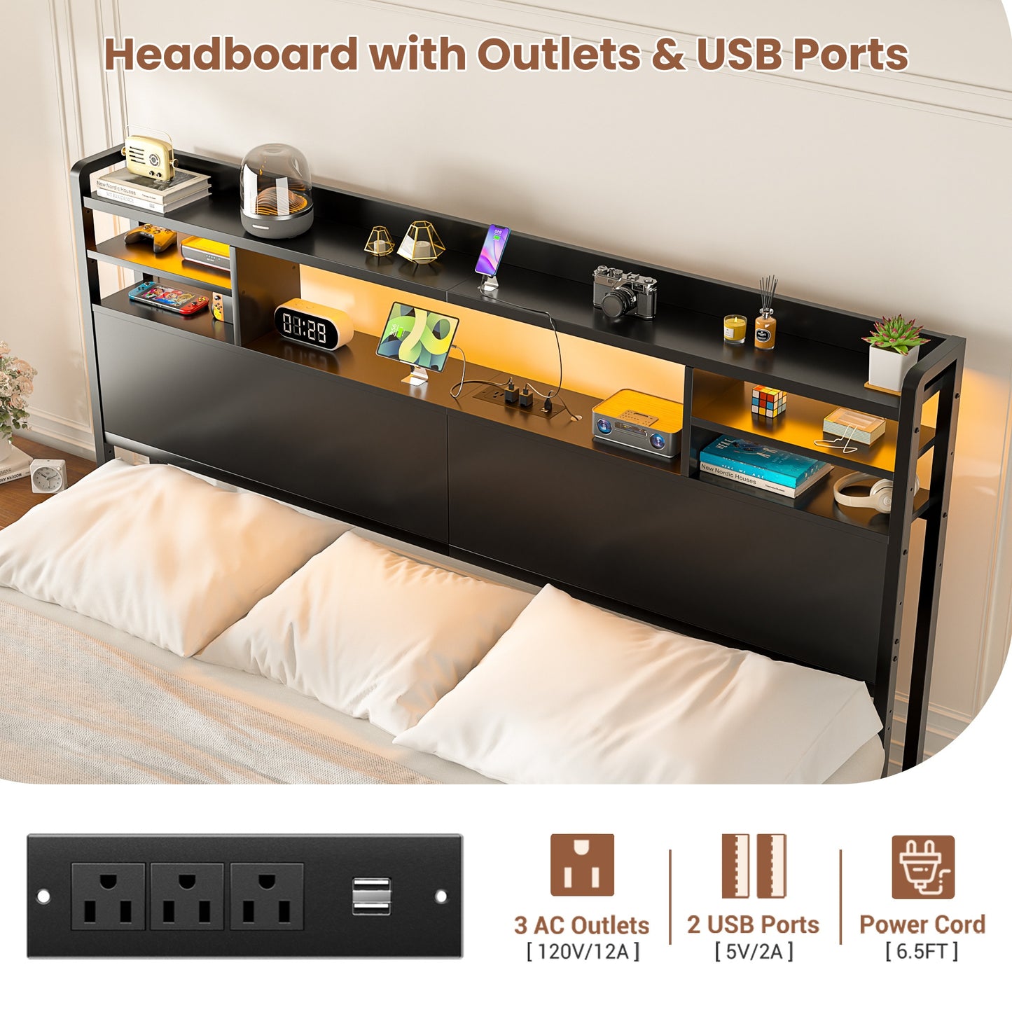 Queen Headboard with Storage shelves and Charging Station, Wood Headboard with LED Light