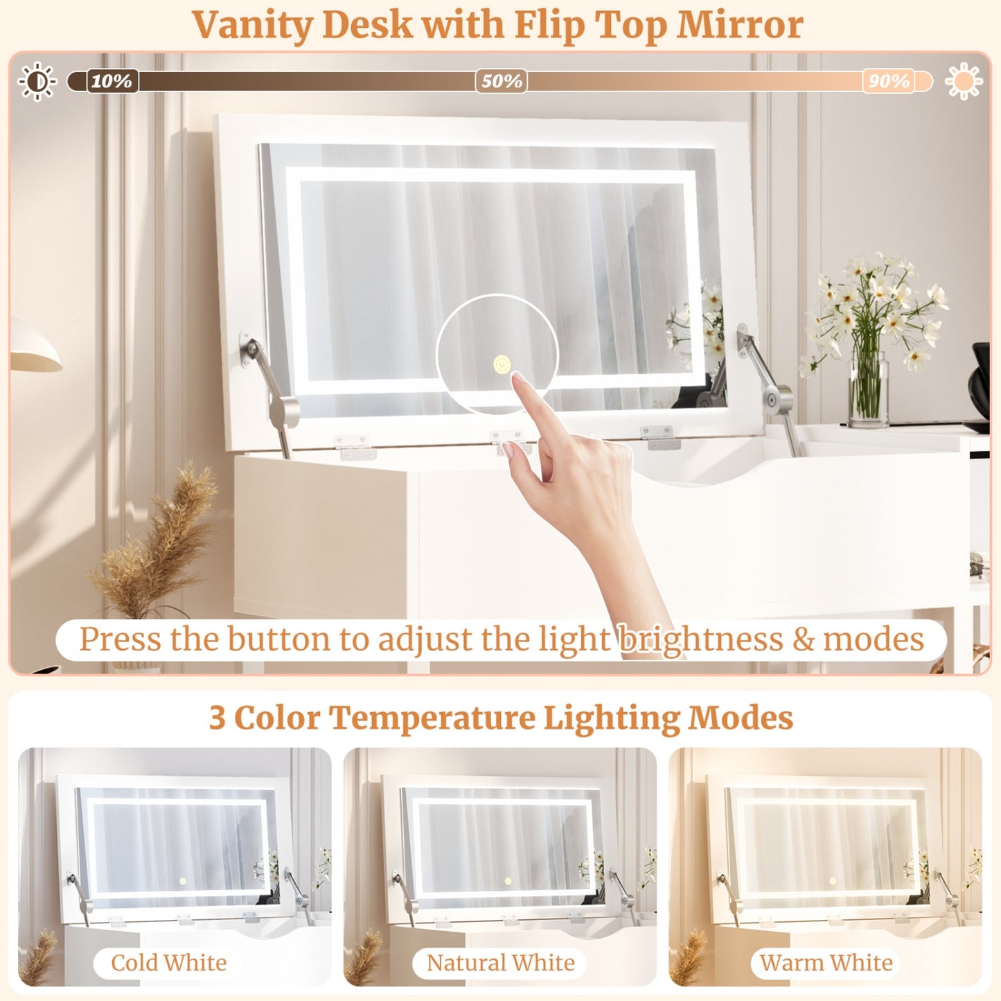 Flip-Top Makeup Dressing Table with mirror and Drawer, Small Vanity Desk with Charging Station