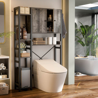 7-Tier Bathroom Organizer with Adjustable Shelf, Over The Toilet Storage Rack with 4 Hooks and Drawers