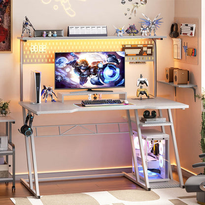 47-In Gaming Desk with Charging Station, Computer Desk with Hutch and Pegboard