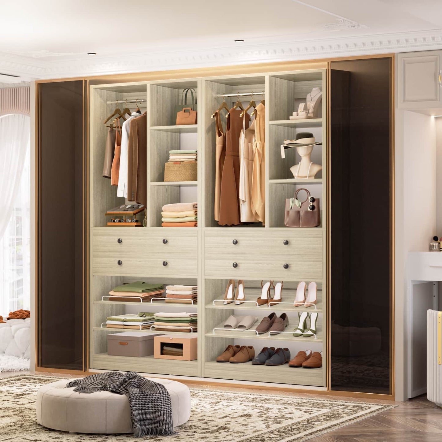 Closet Storage System with Adjustable Shoes Shelves, Closet Organizer with Drawer