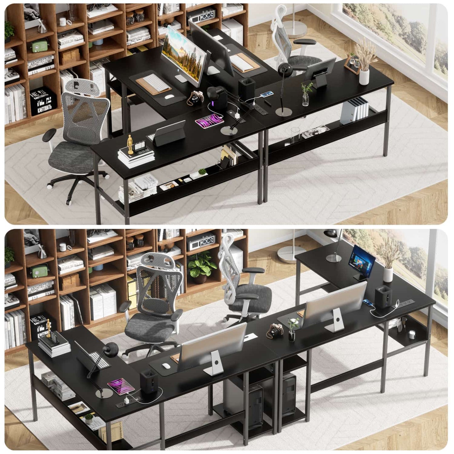 L Shaped Desk with Storage, Power Outlet, USB Ports, Reversible Computer Desk